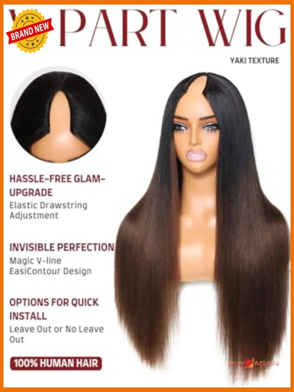 Human Hair V Part Wig Yaki Straight EasiContour Glueless 22 Inch 150% Density